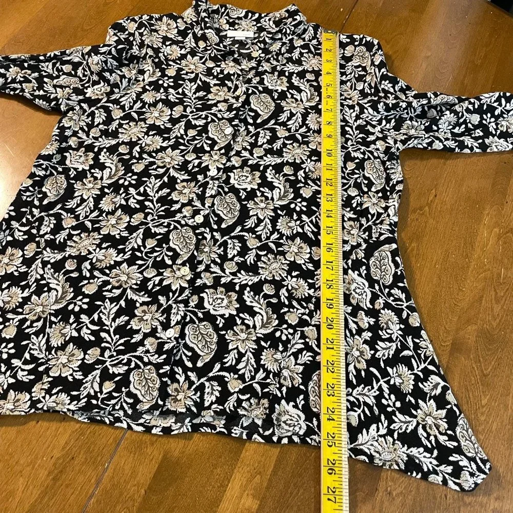 J. Jill Women's Black Floral Rayon 3/4 Sleeve Button Up Shirt Top Blouse Sz M